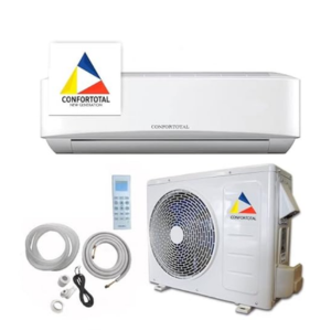 A Confortotal split air conditioning unit with an indoor wall-mounted unit, outdoor compressor, remote, and tubing.