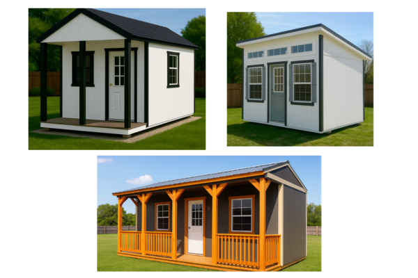 Three different styles of small outdoor shed or cabin structures shown against a grassy lawn background.