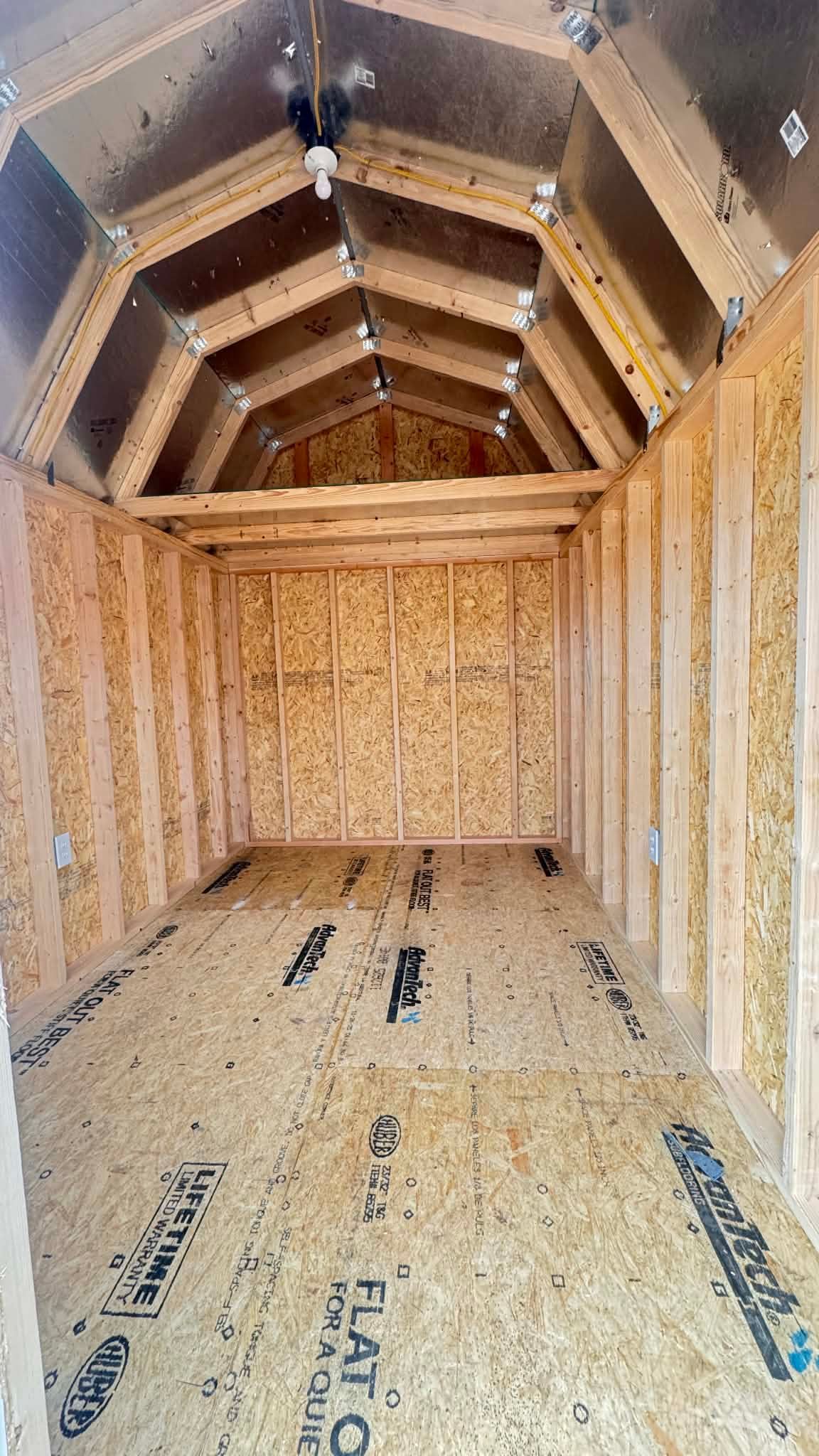 Empty wooden shed interior with plywood floor and exposed rafters