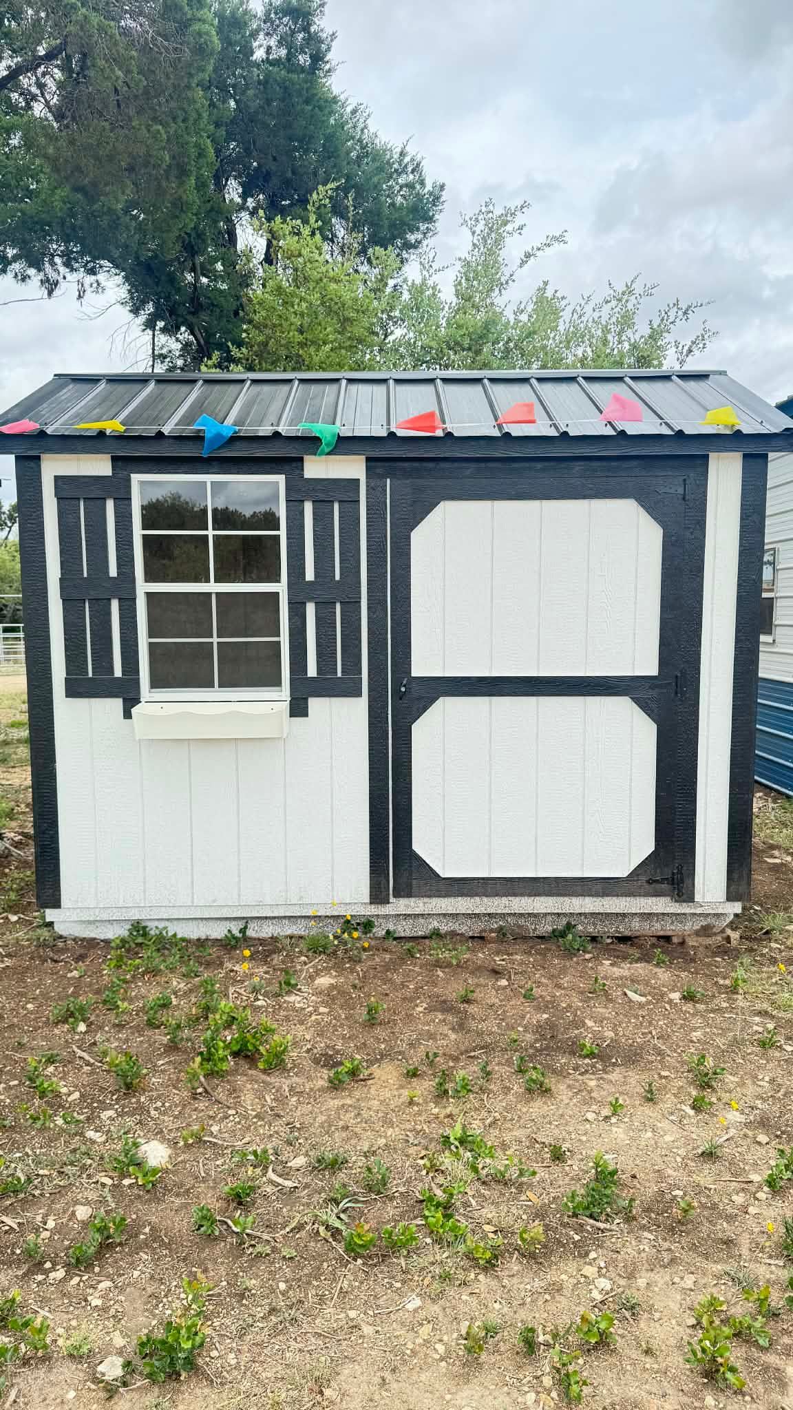 Small white and black shed with windows and colorful roof trim in a yard under cloudy sky
