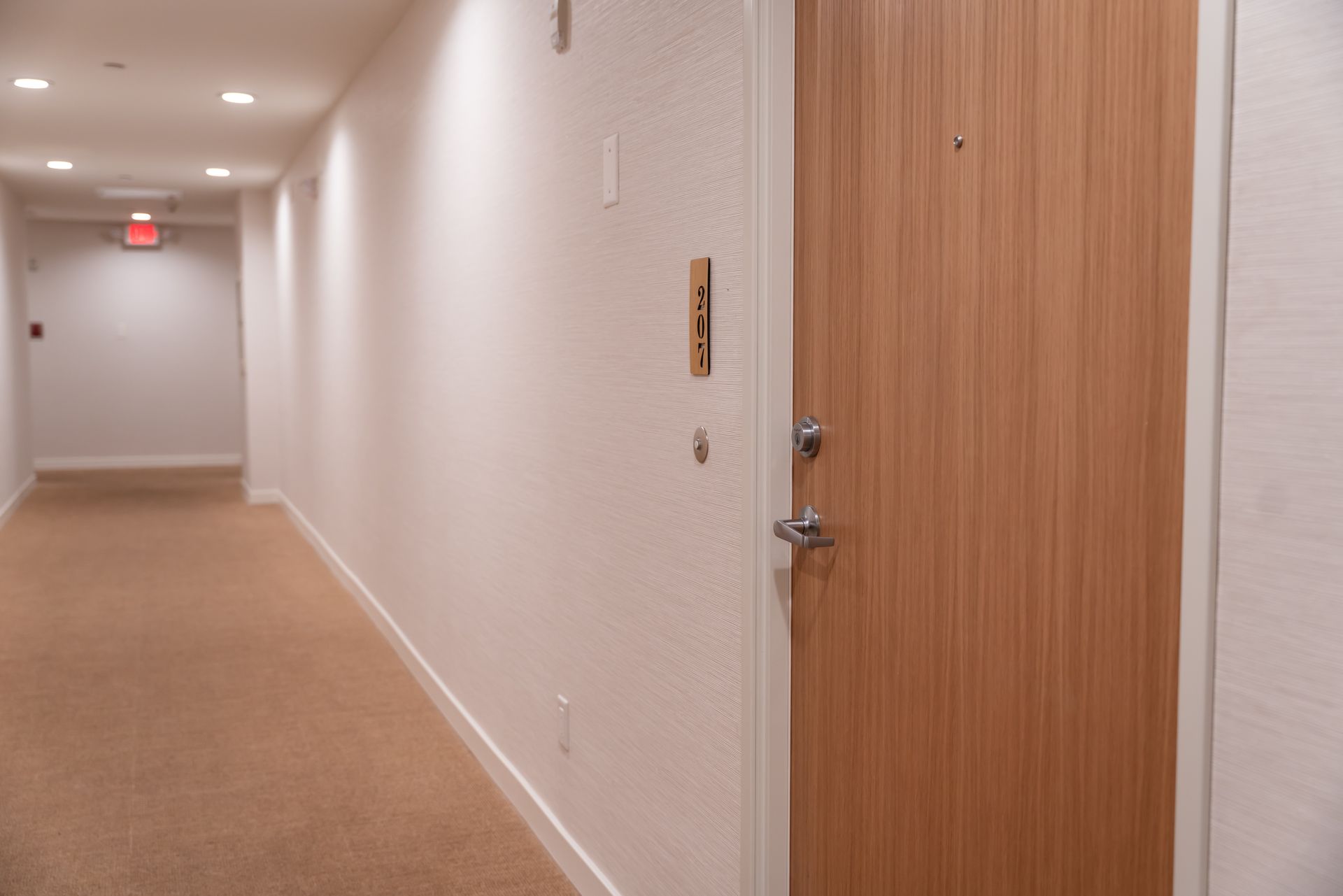 Hallway with beige carpet, white walls, and a light wooden door. Exit sign visible in the distance.