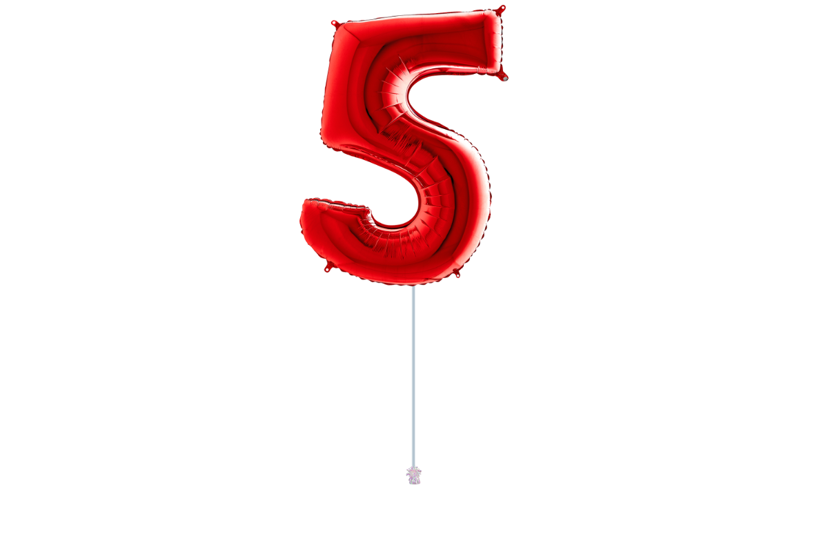 Gemar number 5 shaped foiled Red 40