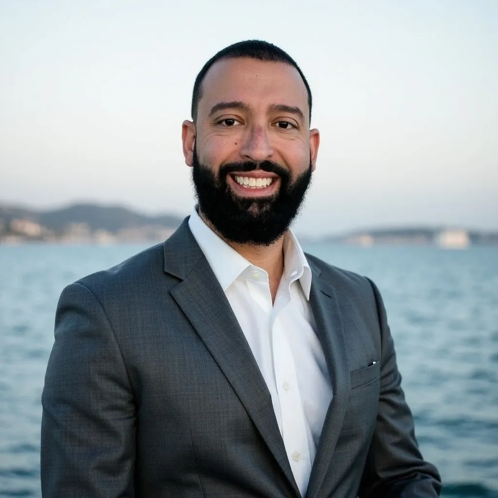 Man in gray suit smiles, standing near ocean.