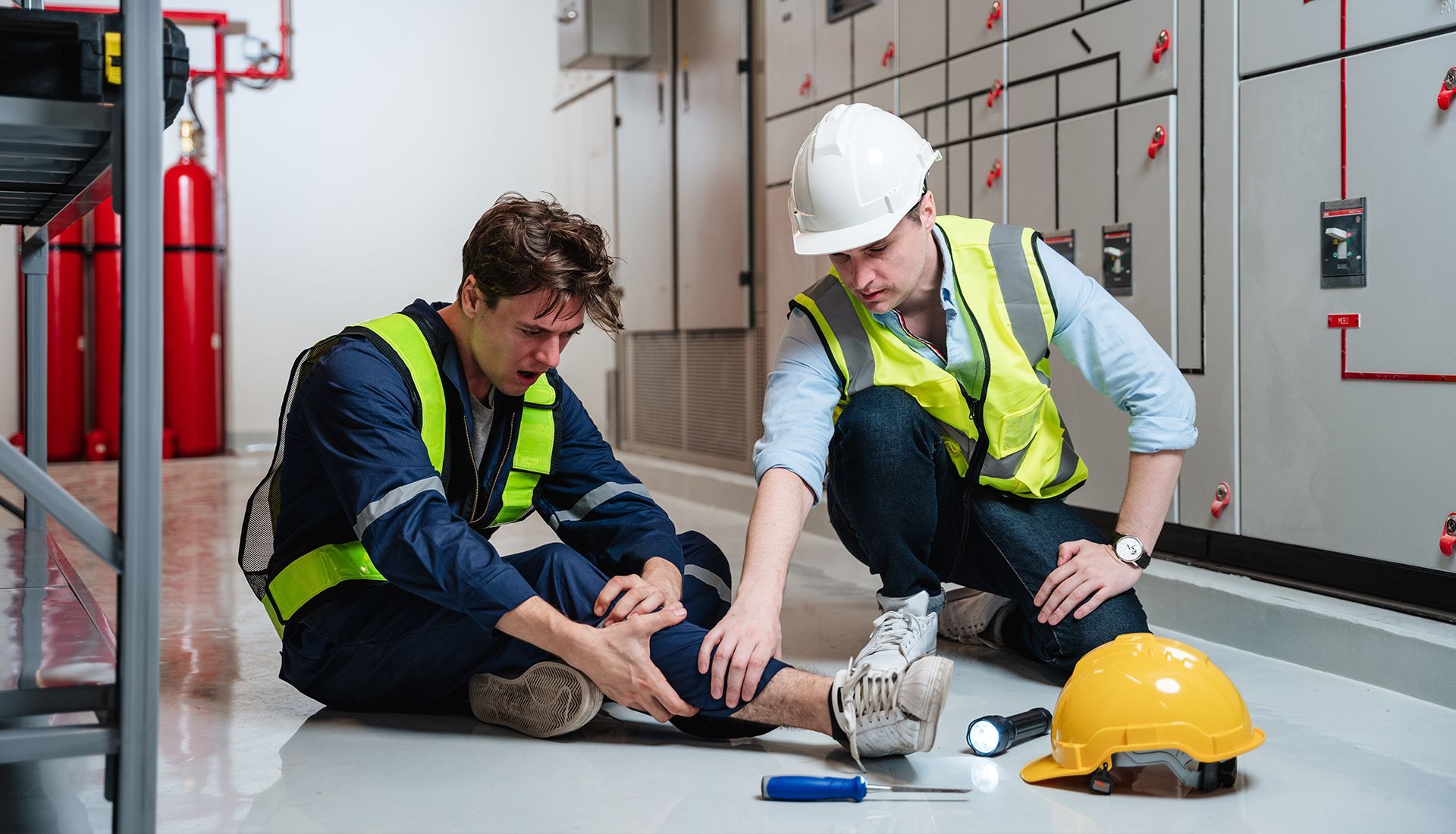 Worker injured on the floor, receiving aid from another worker in an industrial setting.