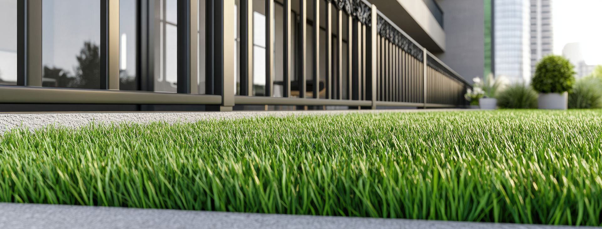 A close up of a lush green lawn in front of a building.