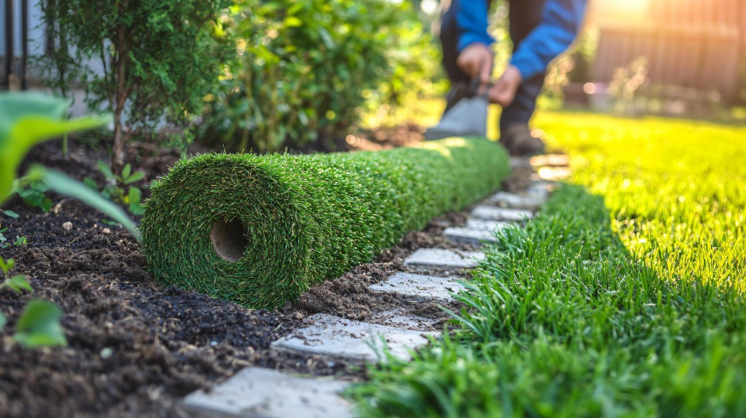 Freshly rolled artificial grass edging along a garden path, with a worker in the background