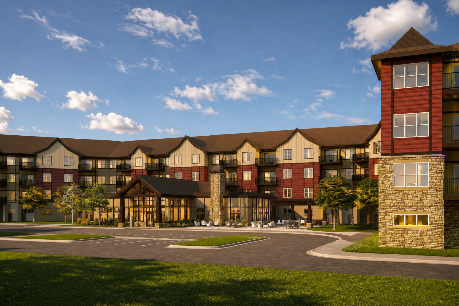 An aerial rendering shows a multi-story, brown-roofed apartment complex situated next to a road and a suburban neighborhood.