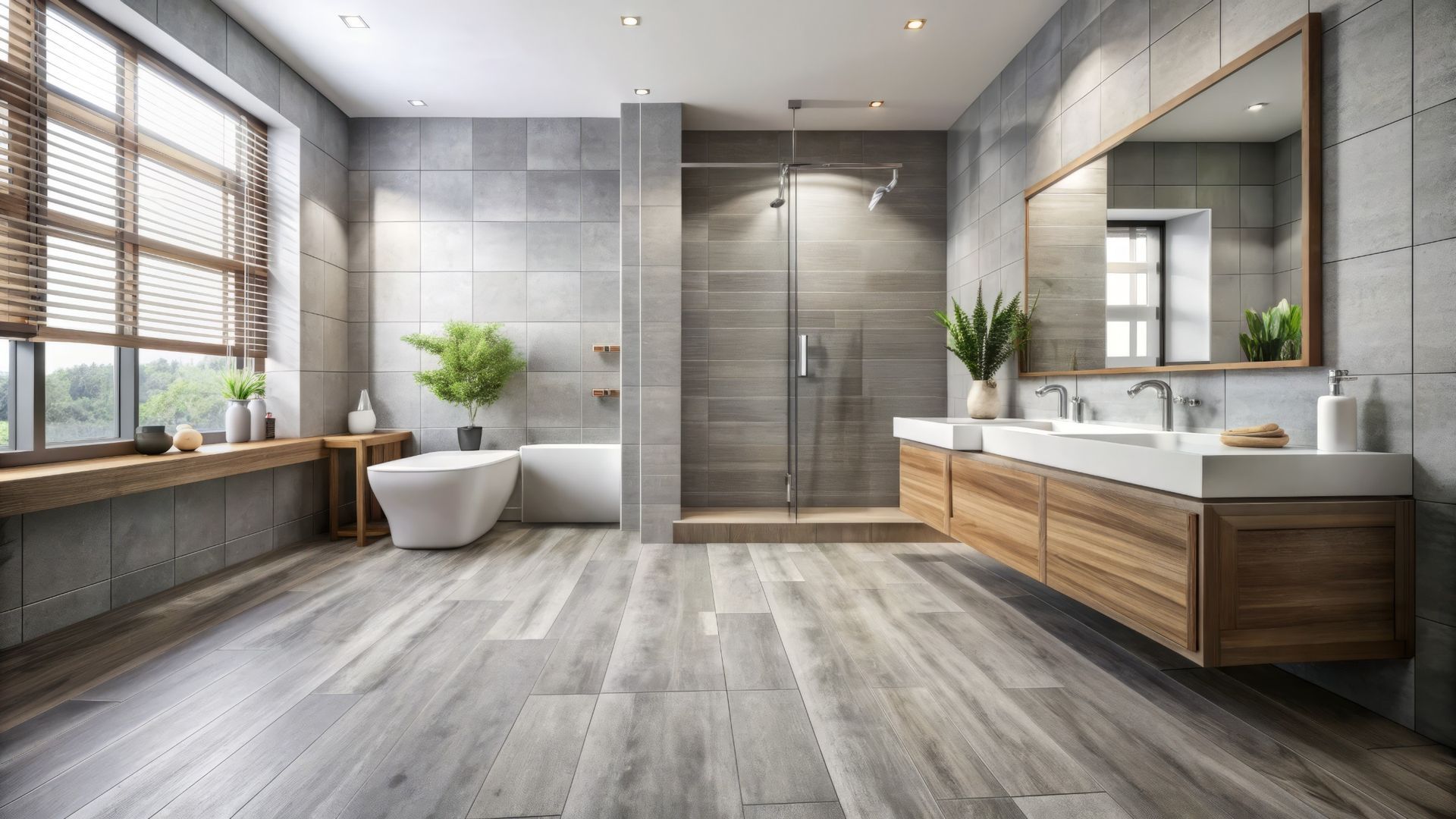 A bathroom with a bathtub , sinks , mirrors and a walk in shower.