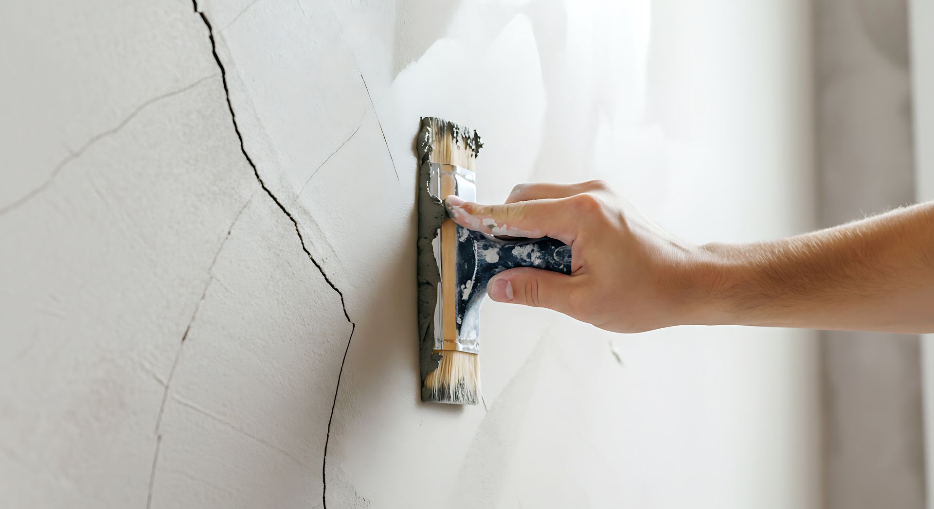 Structural repair worker patching cracked interior wall using trowel and compound material. Structural repair worker patching cracked interior wall using trowel and compound material.