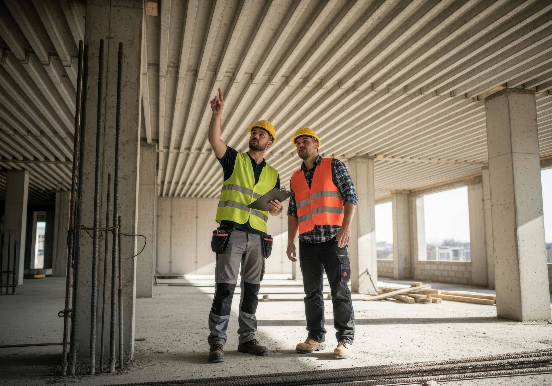 Experts inspect a concrete ceiling for structural repair at a commercial construction site. Experts inspect a concrete ceiling for structural repair at a commercial construction site.