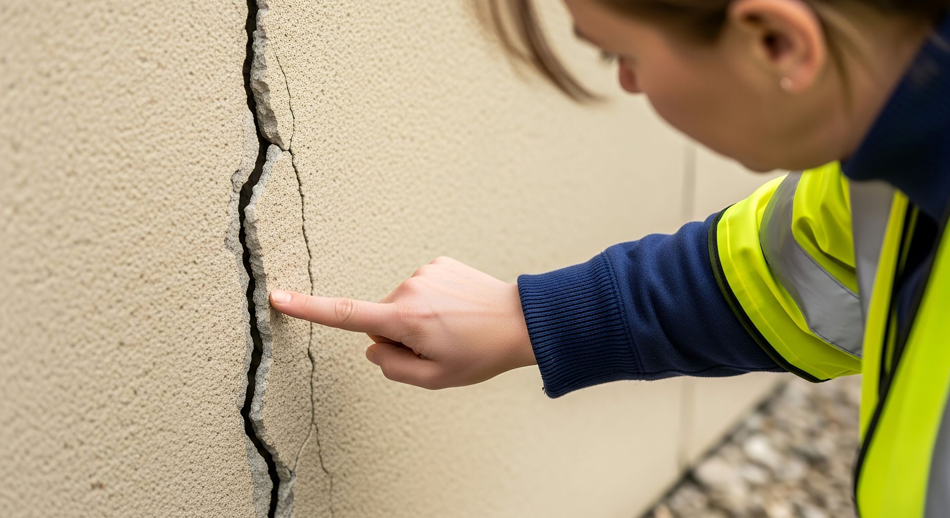 An inspector points to a deep wall crack that requires expert structural repair & foundation work. An inspector points to a deep wall crack that requires expert structural repair & foundation work.