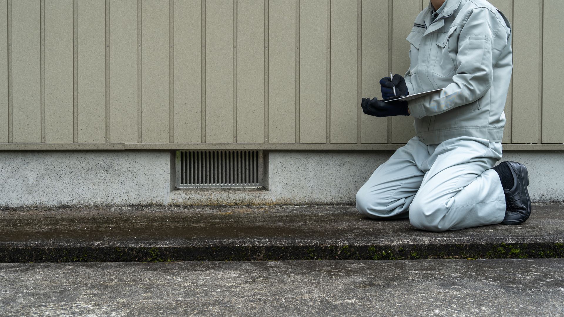 Inspector kneeling by foundation vent, taking notes Inspector kneeling by foundation vent, taking notes