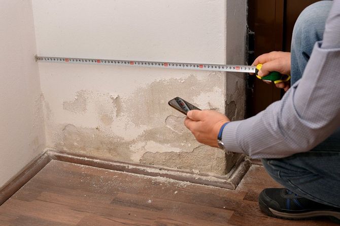 Person measures water damage on a wall with a tape measure; corner of a room.