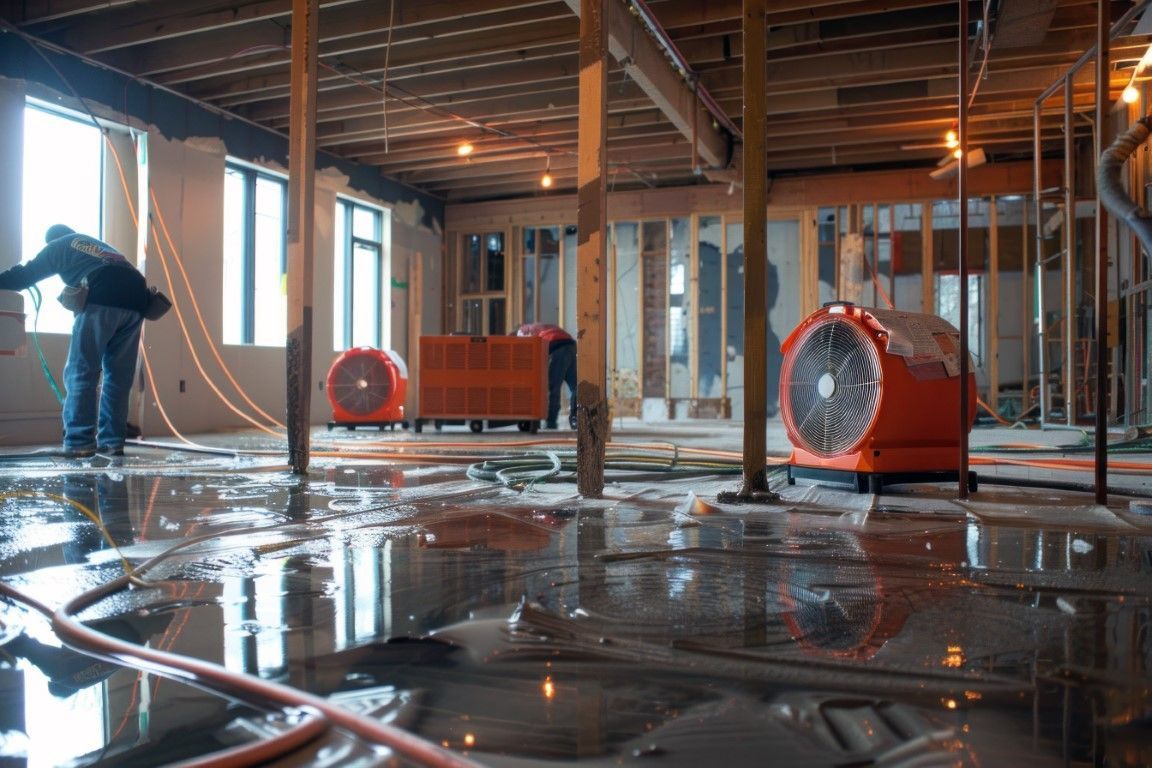 Flooded basement with industrial fans running; construction worker near a window.