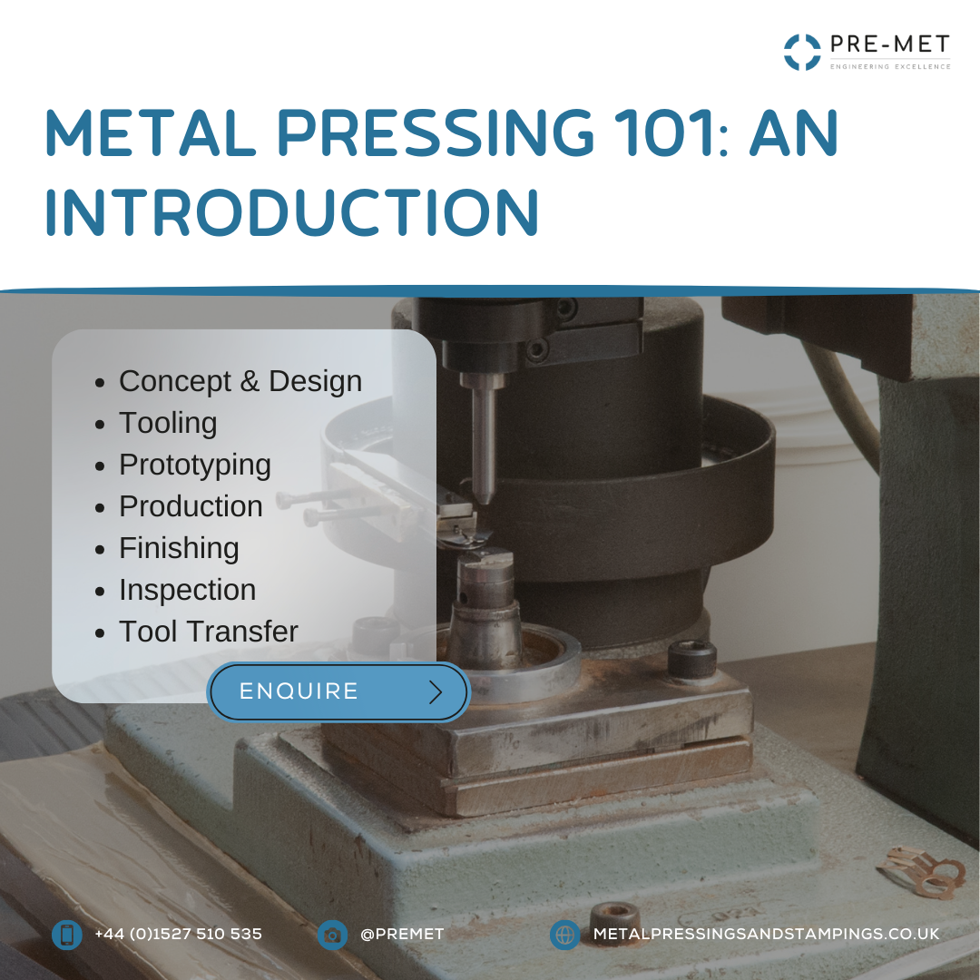 Metal pressing 101 introduction with list of steps and machine close-up. Blue and white colors.