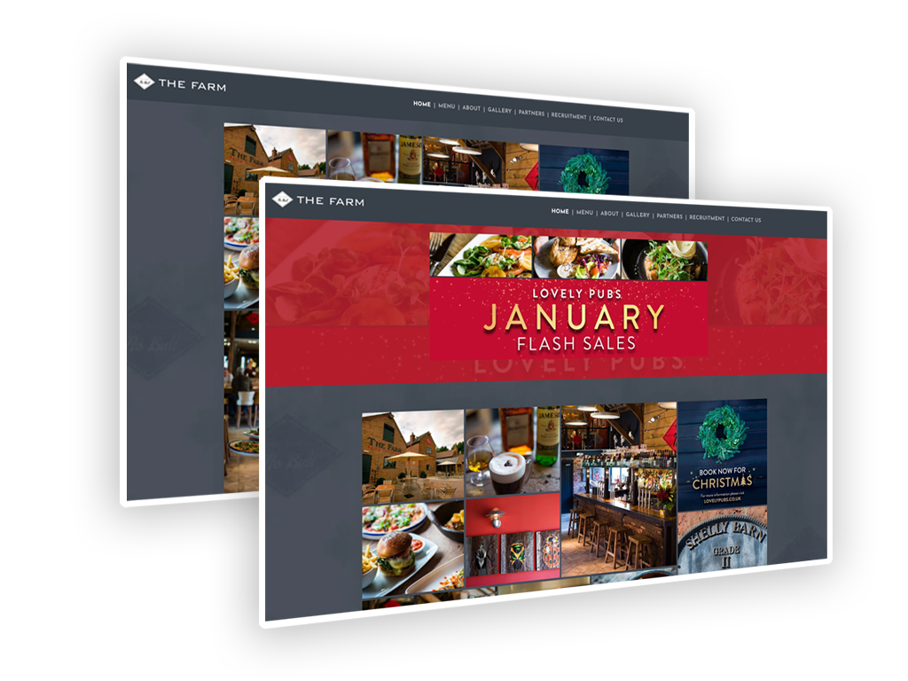 Two website mockups with a dark gray background; one shows photos, the other has a red banner advertising a January flash sale.