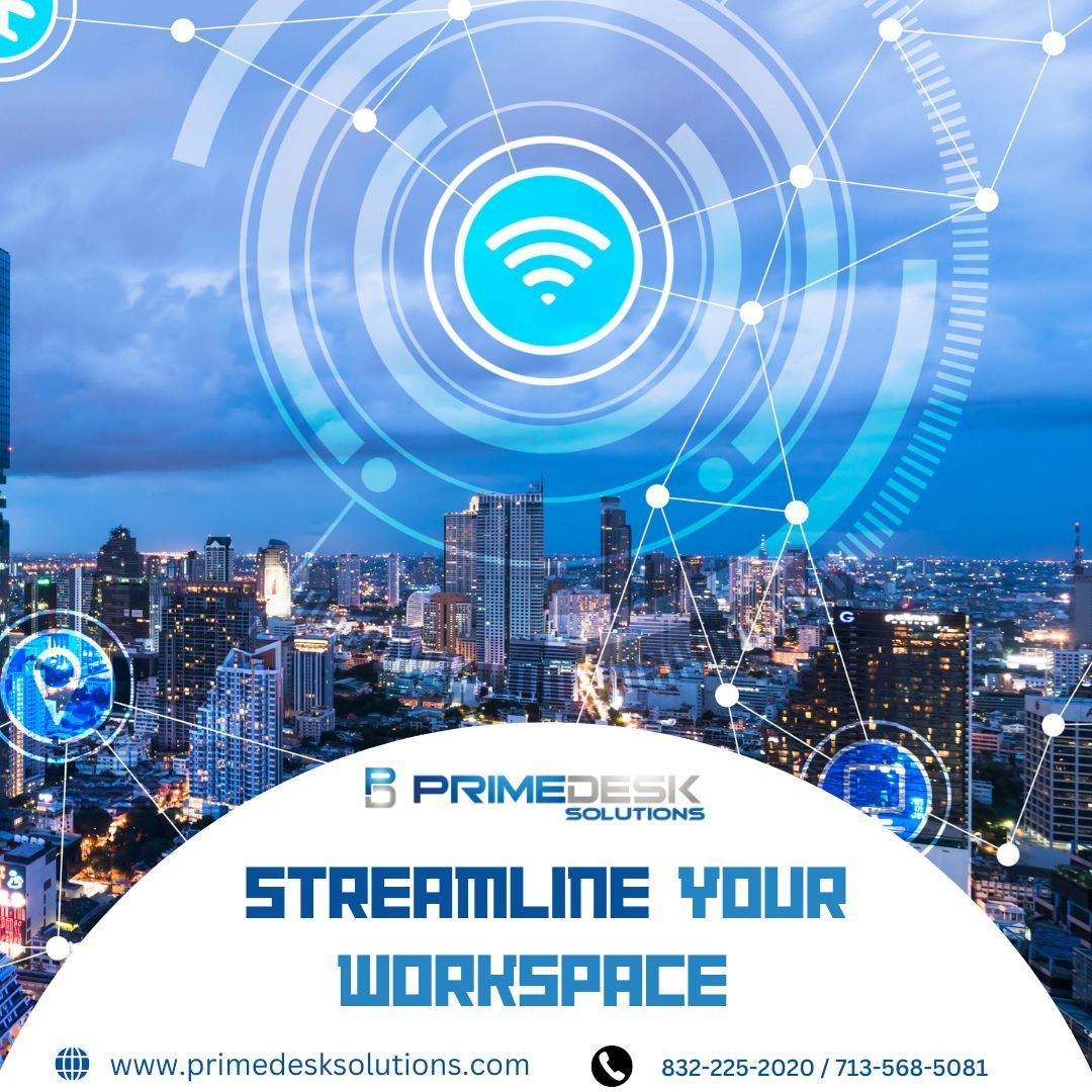 City skyline with digital network overlay and text: 