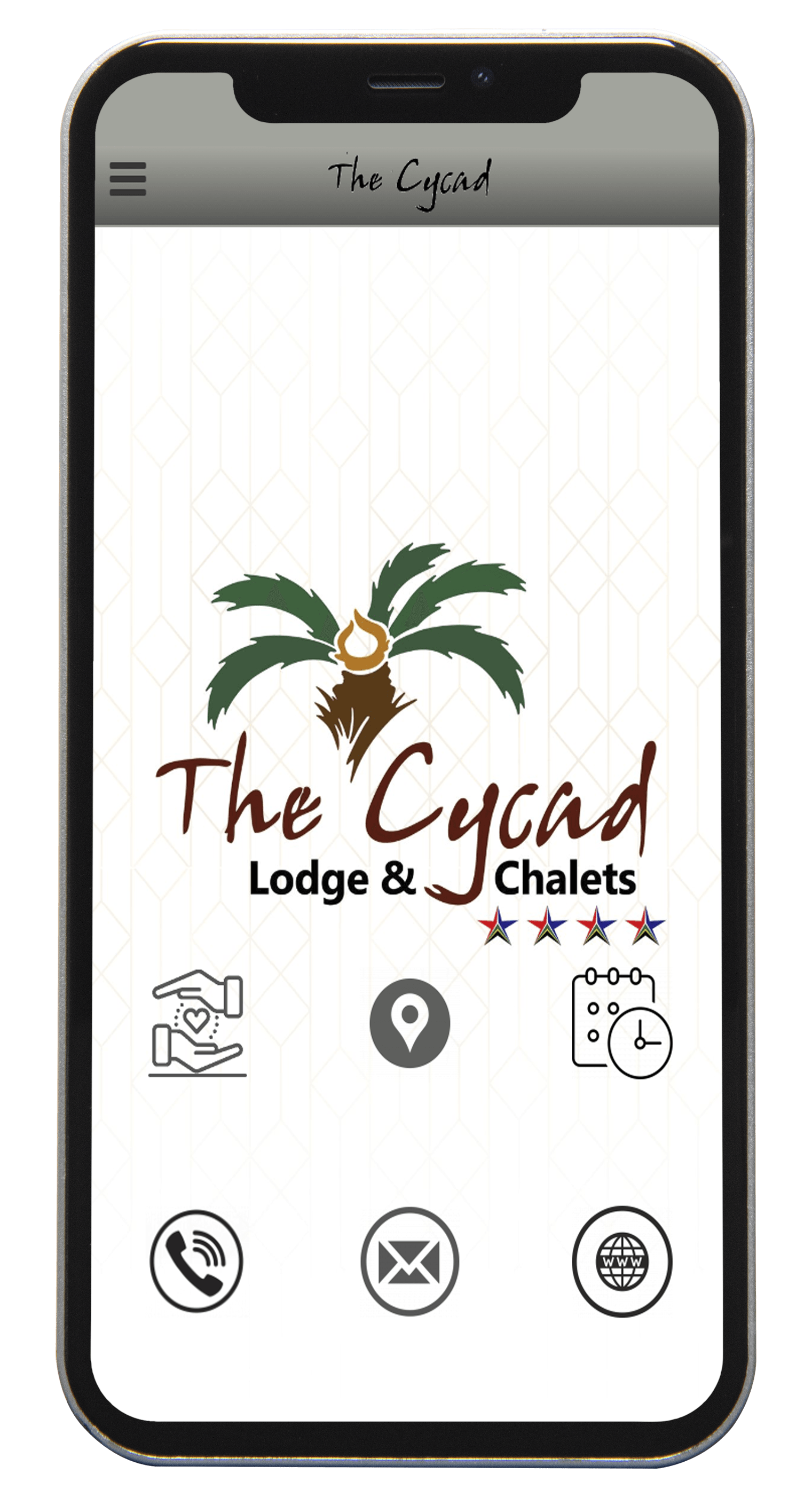 Smartphone app for The Cycad Lodge & Chalets with logo and menu options.