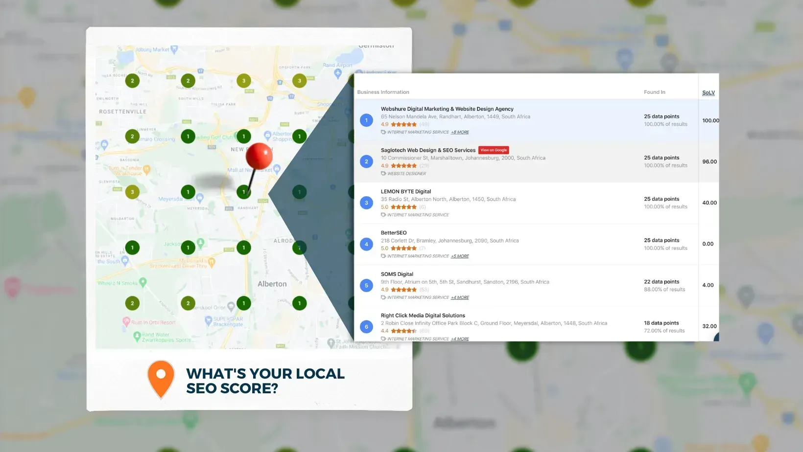 Map with green dots and red pin, pop-up showing local business results. Text: 