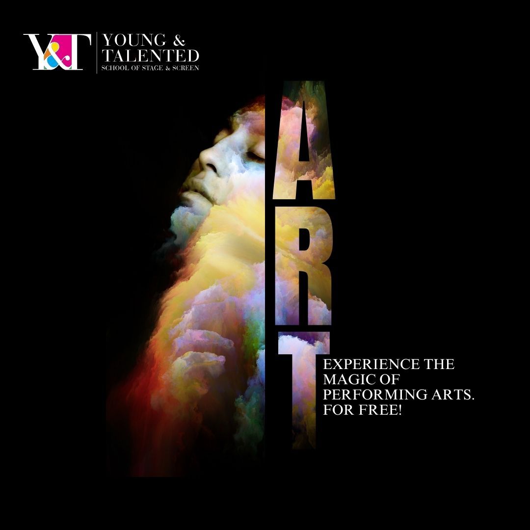 Young and Talented art event poster: A face emerges from colorful paint with the word 