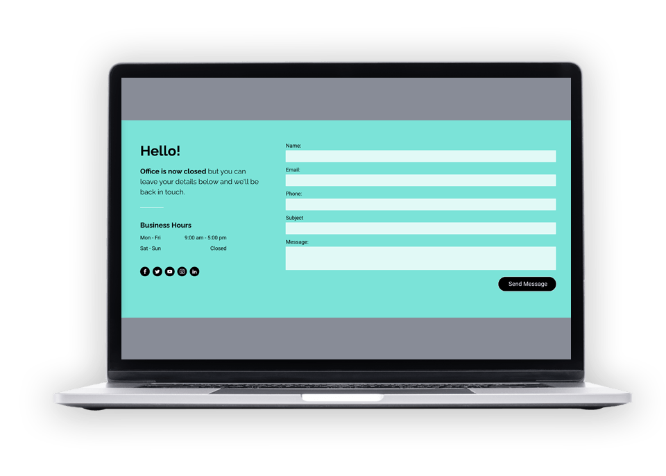 Laptop displaying a signup form with a teal background; includes fields for name, email, phone, and interests.