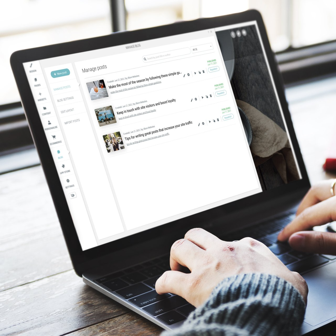Person using a laptop displaying a webpage with three list items and a sidebar menu.