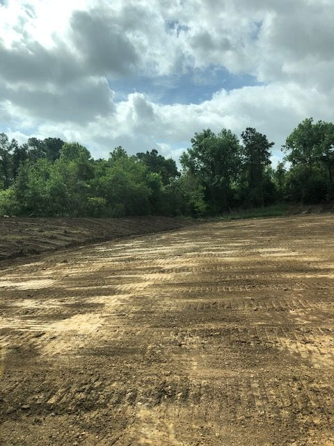 A cleared dirt field, tire tracks visible, leads to a line of green trees under a cloudy sky.