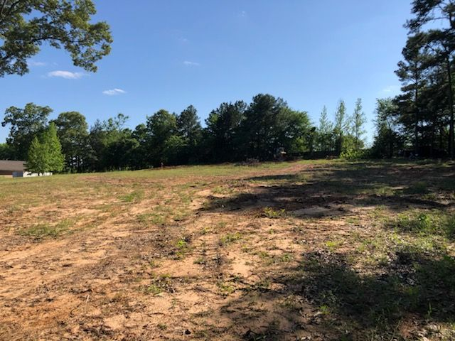 Cleared land with dirt and sparse vegetation, trees in the background under a blue sky.