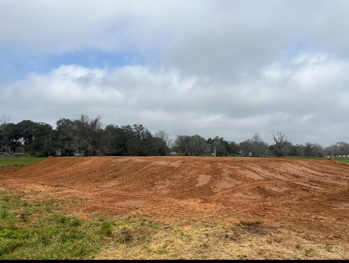 A dirt mound in a field with bare trees in the background under a cloudy sky.