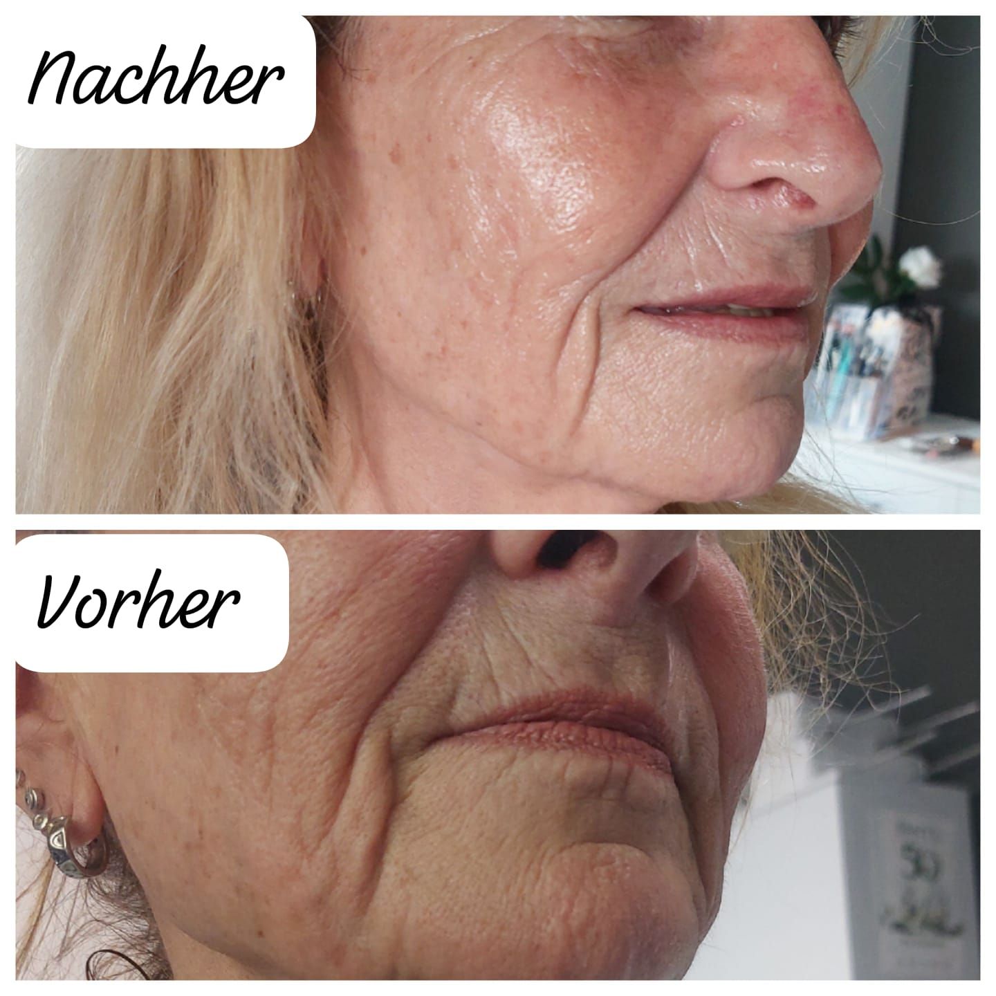 Eine Nahaufnahme des Gesichts einer Frau vor unscharfem Hintergrund.