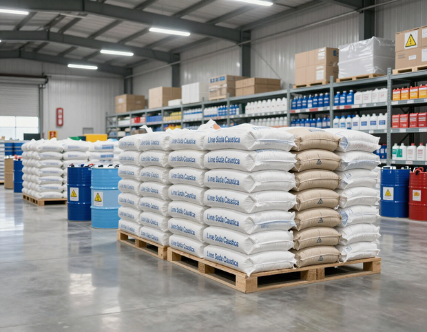 Interior del almacén con palés de sacos blancos apilados, bidones de productos químicos azules