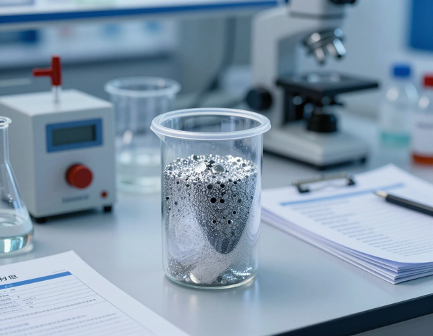 Un vaso de precipitados de laboratorio lleno de gránulos metálicos 