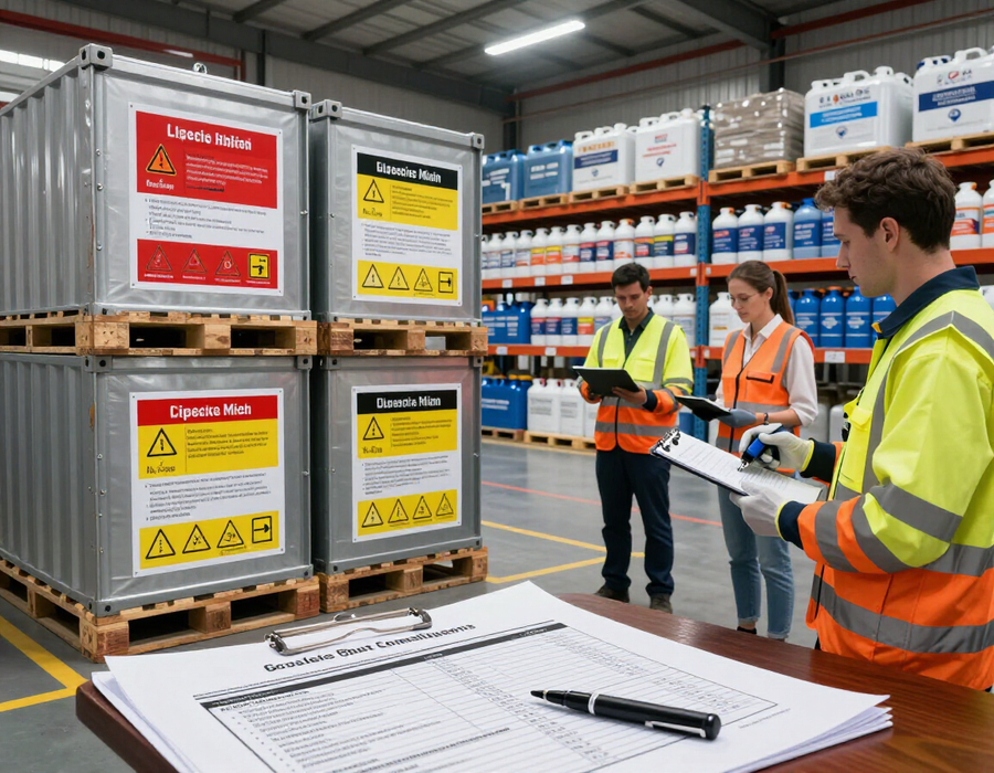 Tres trabajadores con chalecos reflectantes realizan un inventario en un almacén repleto de contenedores