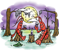 Two cartoon crawfish toast with wine in a swamp, under a full moon.