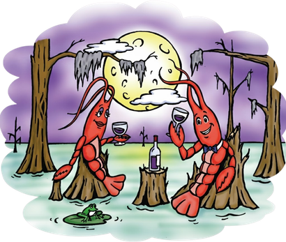 Two cartoon crawfish toast with wine in a swamp, under a full moon.