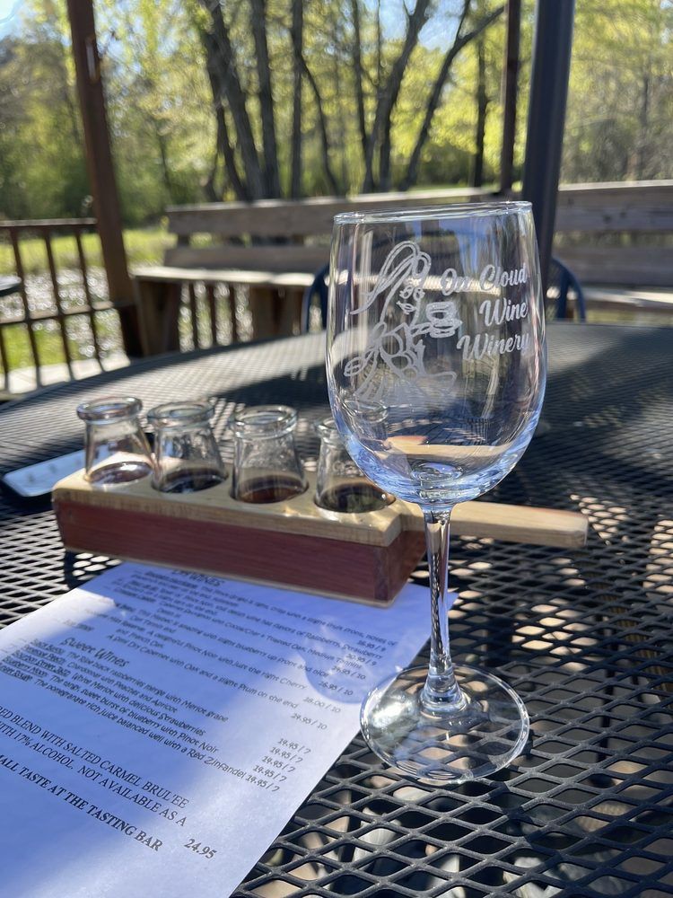 Wine glass and tasting glasses on outdoor table; menu visible in sunlight.