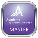 the academy of general dentistry master logo is a purple square button .