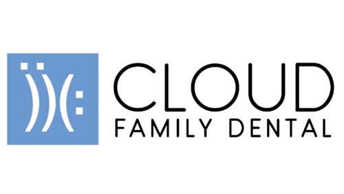 the logo for cloud family dental is blue and black .