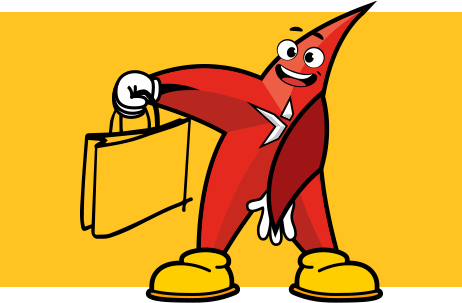 A red cartoon character is holding a yellow briefcase.