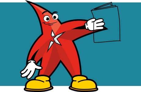 A red cartoon character is holding a book