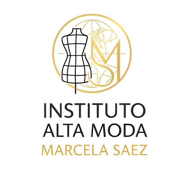 Logotipo del Instituto de Moda Marcela Saez con un maniquí, detalles dorados y texto.