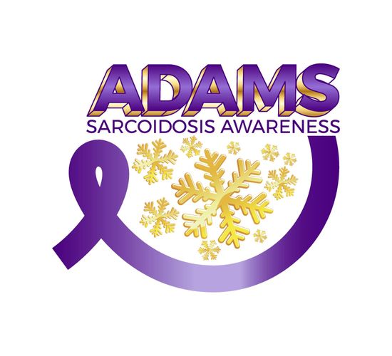 A logo for adams sarcoidosis awareness with a purple ribbon and snowflakes.