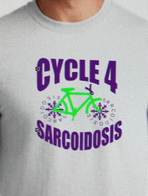 A man is wearing a t-shirt that says cycle 4 sarcoidosis