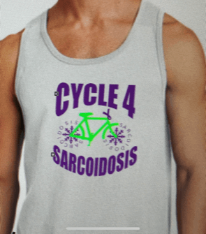 A man is wearing a tank top that says cycle 4 sarcoidosis