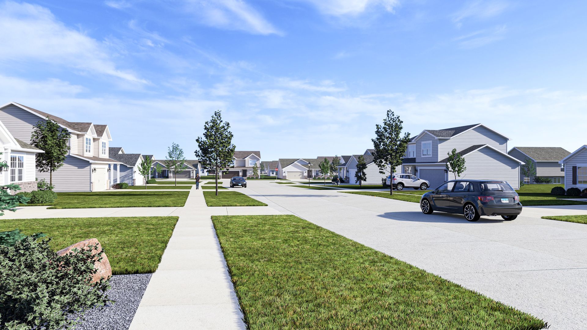 An artist 's impression of a residential neighborhood with a car parked on the side of the road.