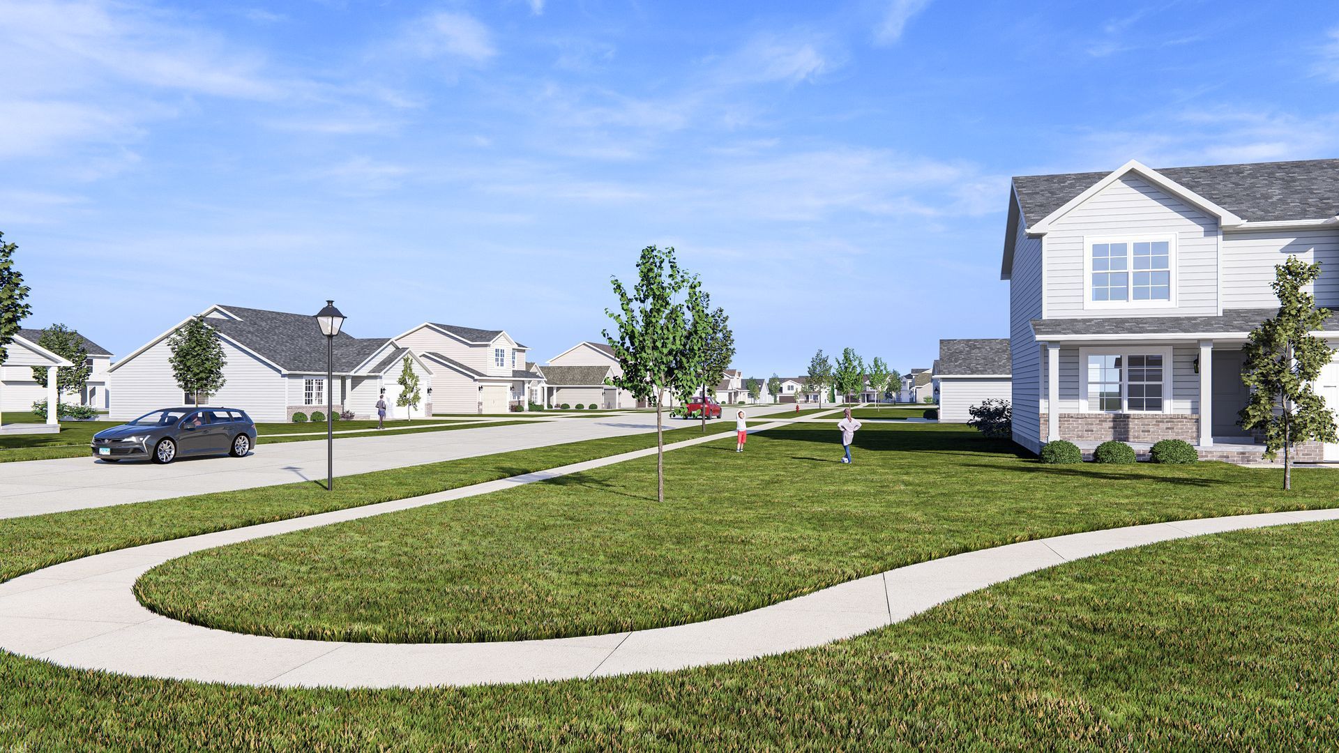 A car is parked in front of a house in a residential neighborhood.