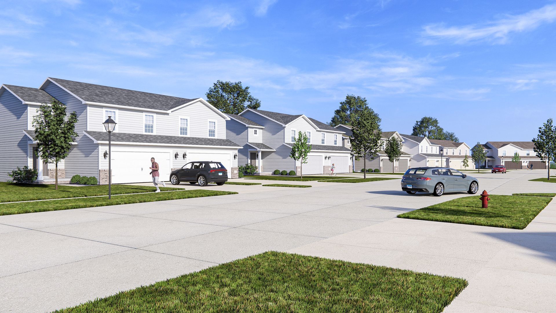 An artist 's impression of a residential neighborhood with cars parked on the side of the road.