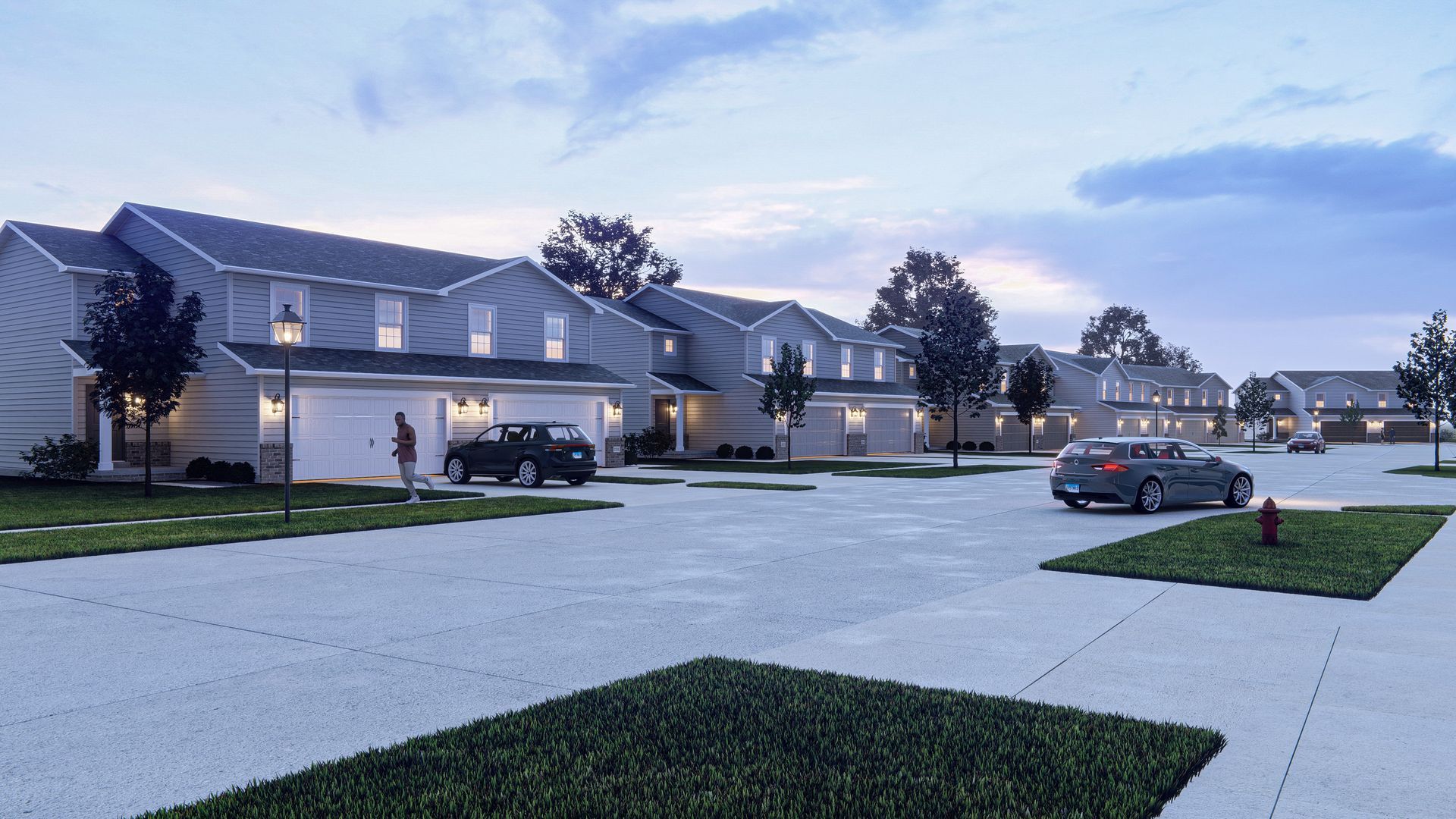 An artist 's impression of a row of houses with cars parked in front of them.