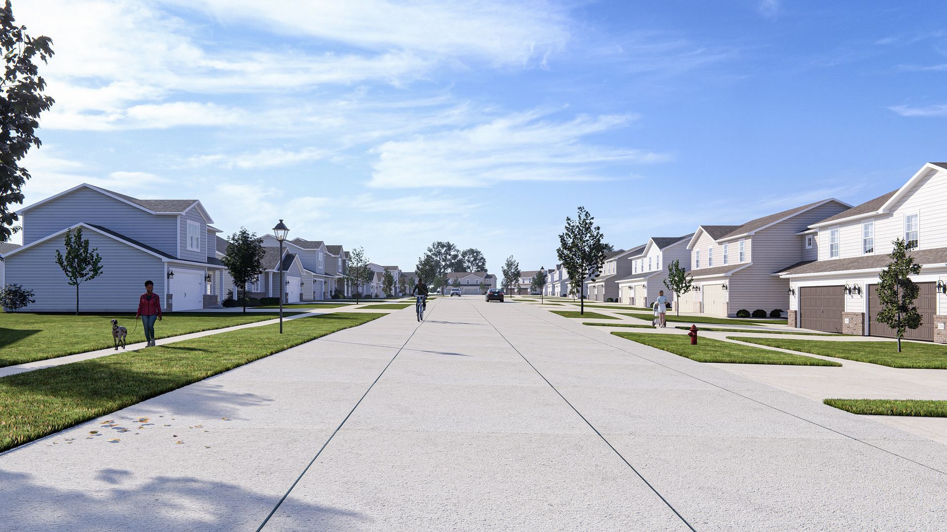 An artist 's impression of a residential neighborhood with houses and trees.