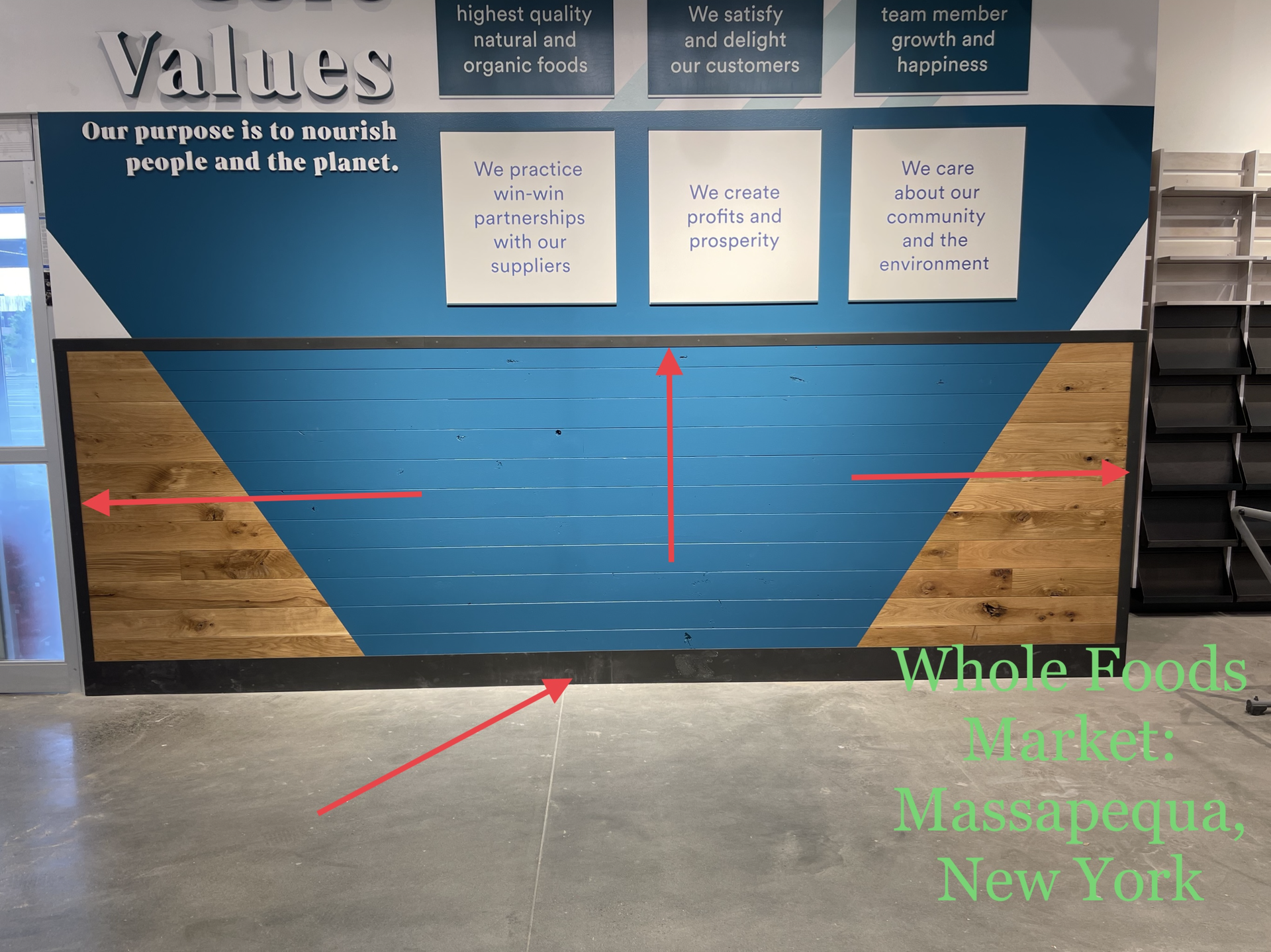 Blue mural wall with red arrows and a message about Whole Foods Market in Massapequa, New York